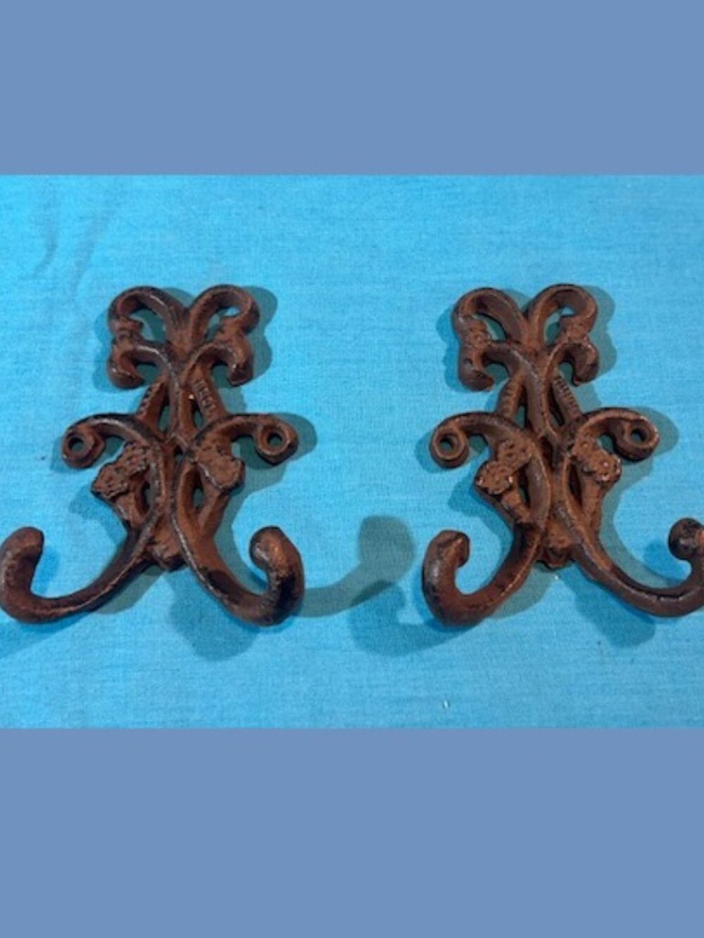 Two (2) Cast Iron Antique 3 1/2" tall Rustic Double Floral Hook Two 0170-01556